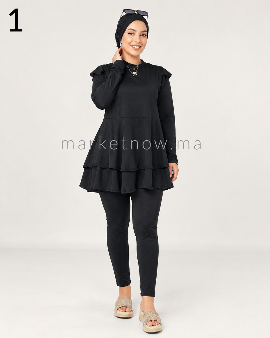 Burkini 3 pièces à volants en polyamide – Bonnet inclus