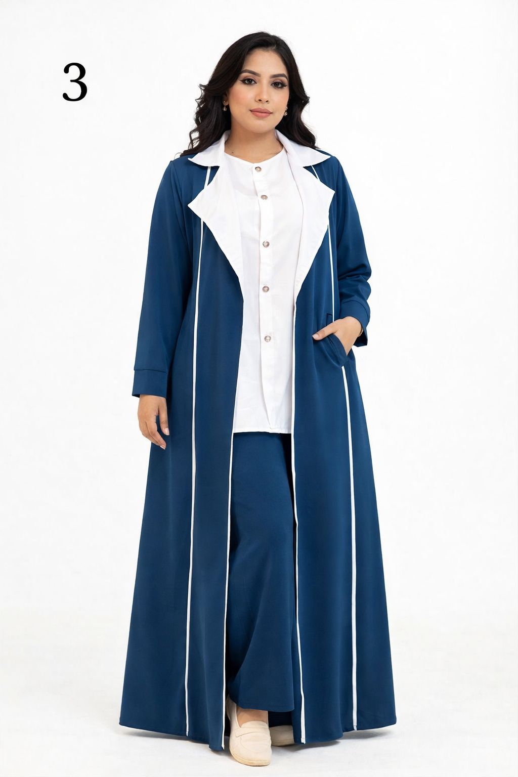 Ensemble Femme 3 Pièces Élégant – Abaya + Tunique + Pantalon | Crêpe Rosa Premium | Mode Modeste Chic Maroc