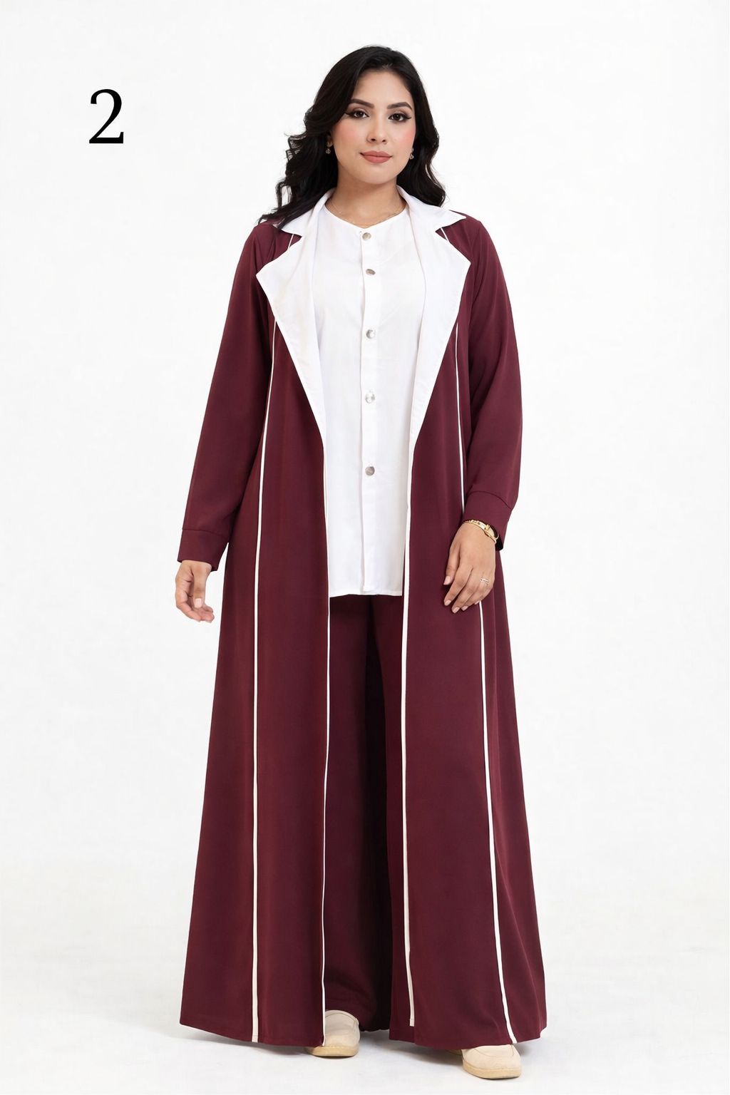 Ensemble Femme 3 Pièces Élégant – Abaya + Tunique + Pantalon | Crêpe Rosa Premium | Mode Modeste Chic Maroc