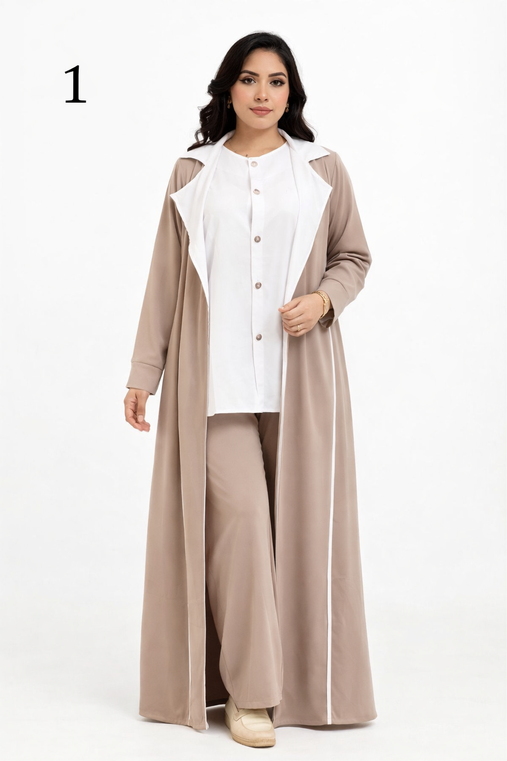 Ensemble Femme 3 Pièces Élégant – Abaya + Tunique + Pantalon | Crêpe Rosa Premium | Mode Modeste Chic Maroc
