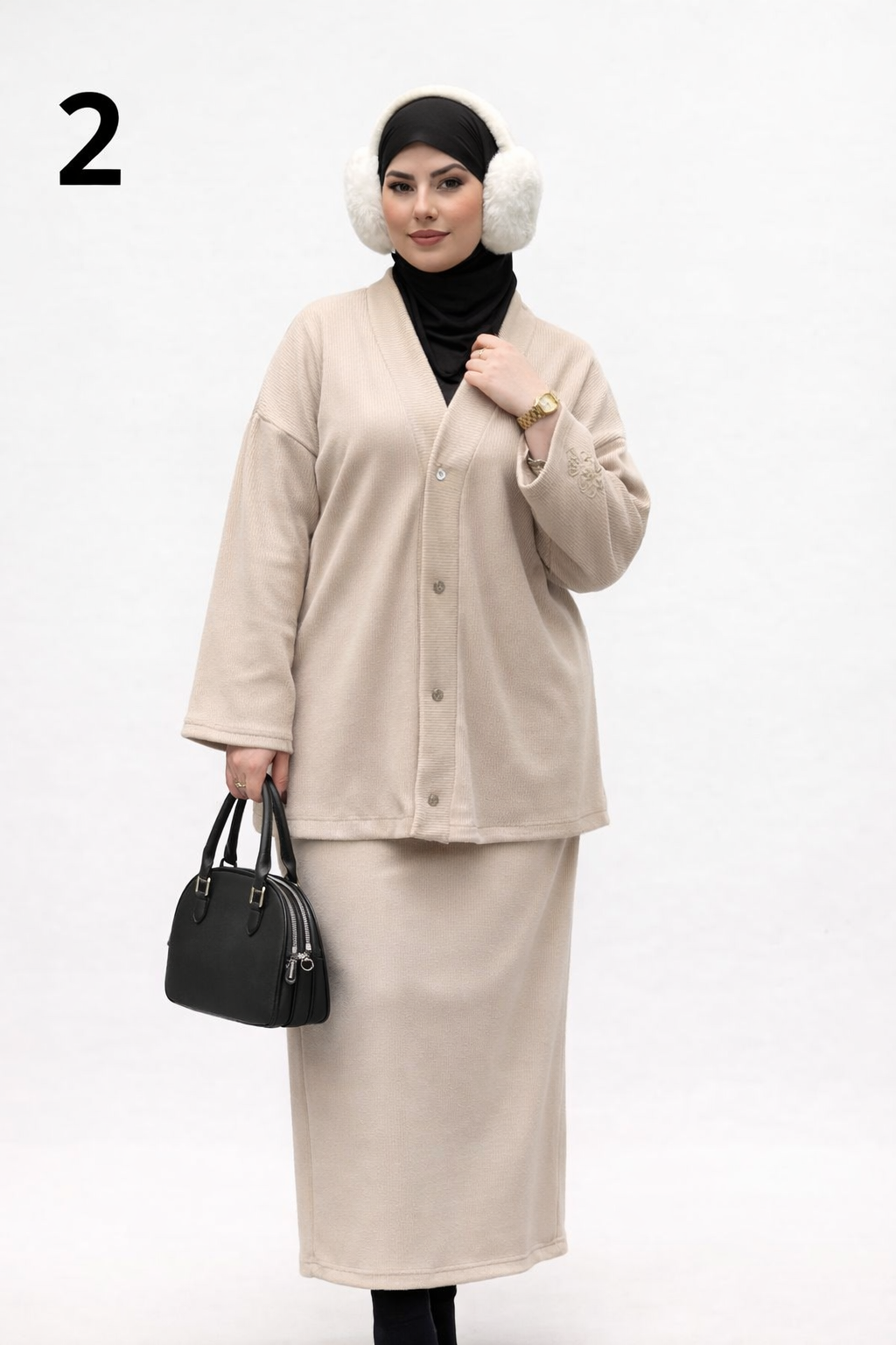 Ensemble Femme 3 Pièces Hiver – Jupe Longue + Cardigan + Gants | Tissu Laine Léger Élégant Chic 2026