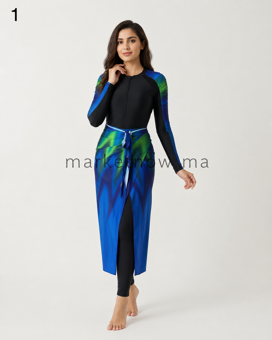 Burkini 4 Pièces avec Cache-Maillot – Disponible en Bleu, Mauve, Orange et Rose