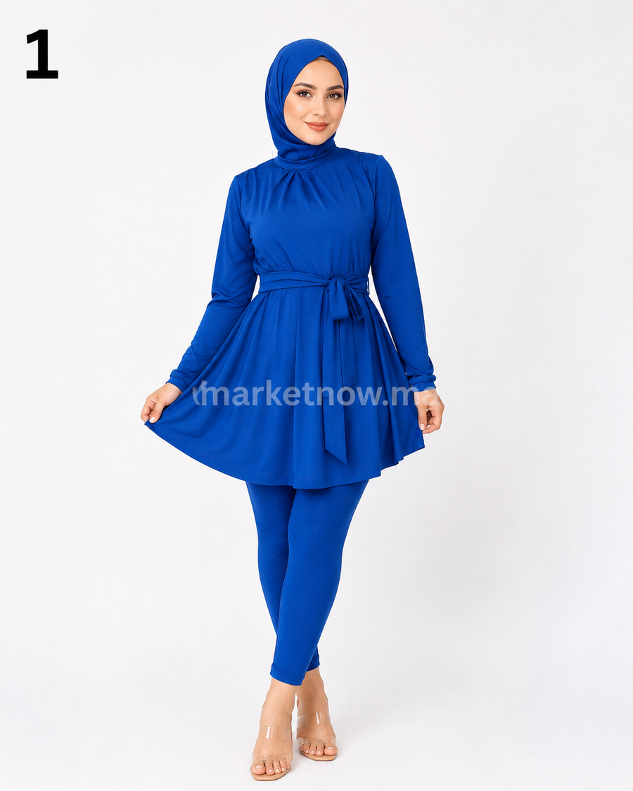 Ensemble Modeste Bleu Royal – Tunique Ceinturée avec Legging