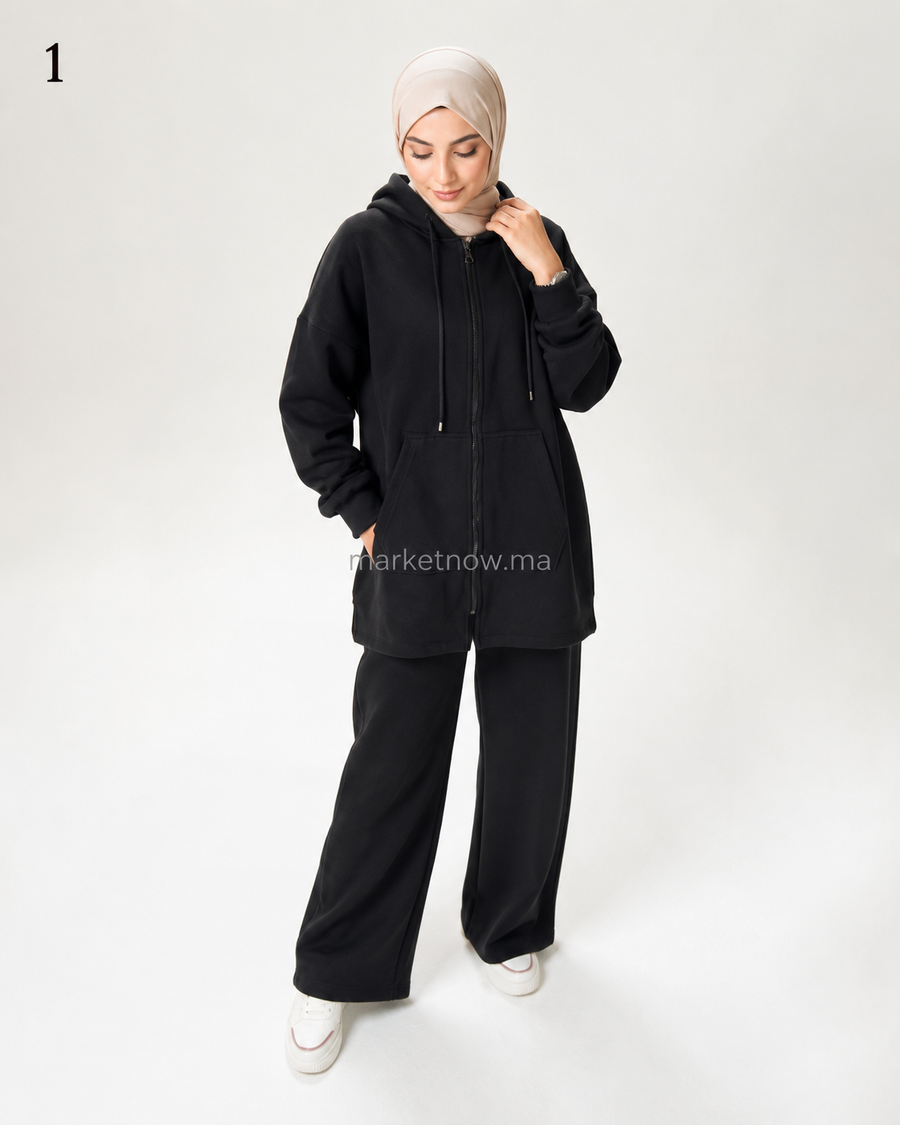 Ensemble Femme 2 Pièces Sport Chic – Veste Longue à Capuche & Pantalon Large