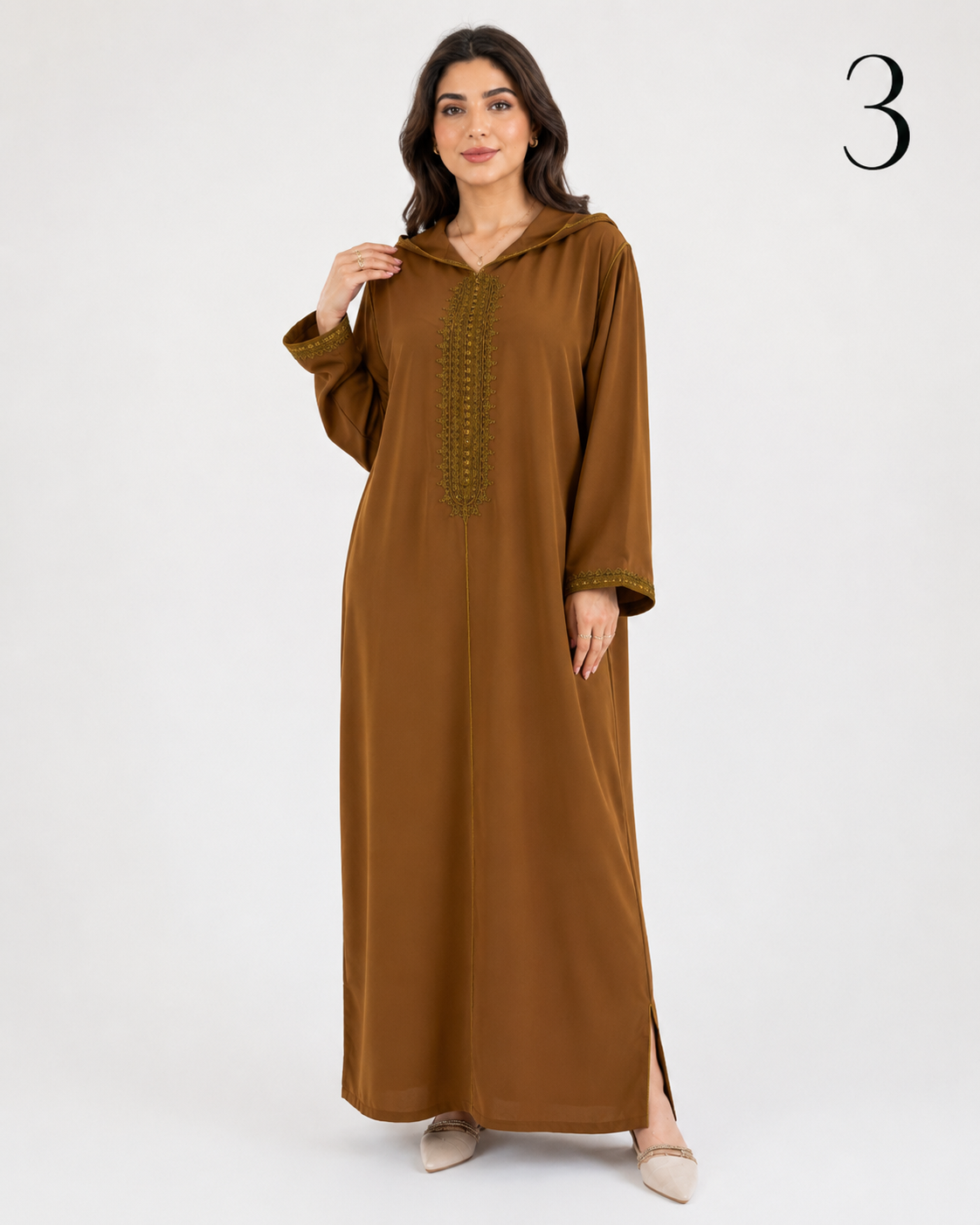 Djellaba Femme Évasée en Crêpe Premium – Broderie Marocaine Élégante au Niveau de la Poitrine et des Manches | Tailles L, XL, XXL