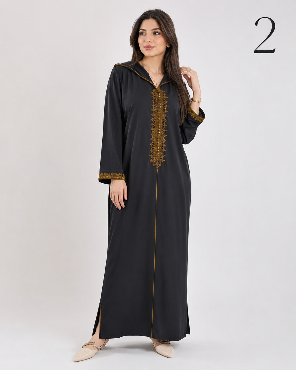 Djellaba Femme Évasée en Crêpe Premium – Broderie Marocaine Élégante au Niveau de la Poitrine et des Manches | Tailles L, XL, XXL