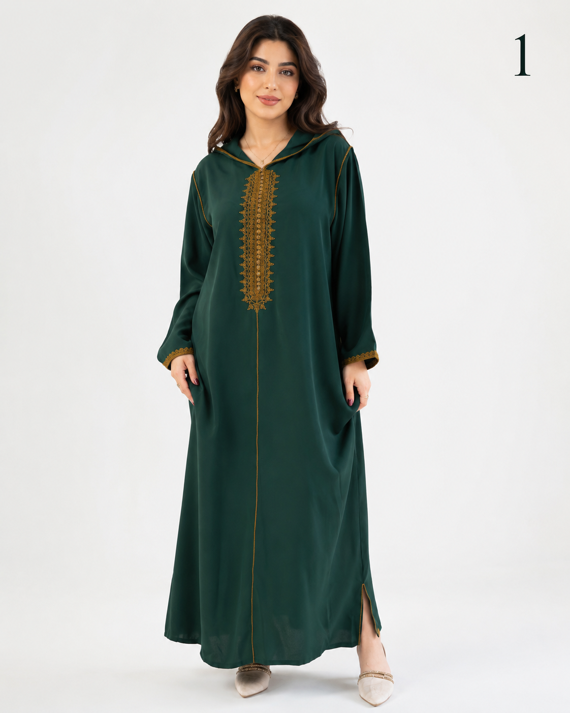 Djellaba Femme Évasée en Crêpe Premium – Broderie Marocaine Élégante au Niveau de la Poitrine et des Manches | Tailles L, XL, XXL