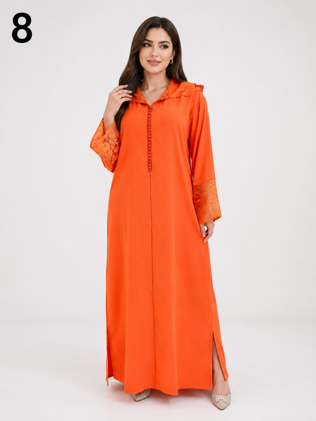 Djellaba Femme Évasée Moderne en Crêpe Soie – Broderie Chbika aux Manches et Col avec Aakad | Tailles L, XL, XXL