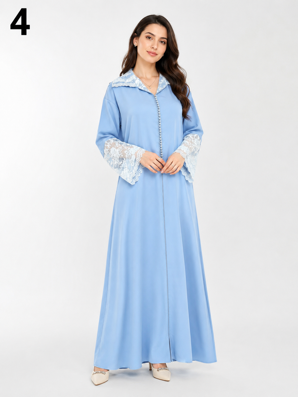 Djellaba Femme Évasée Moderne en Crêpe Soie – Broderie Chbika aux Manches et Col avec Aakad | Tailles L, XL, XXL