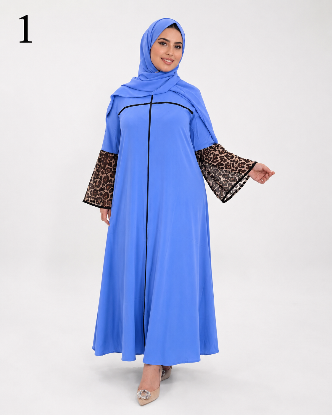 Abaya Femme avec Châle Dégradé Léopard – Tissu Rosa Élégant, Coupe Modeste et Moderne