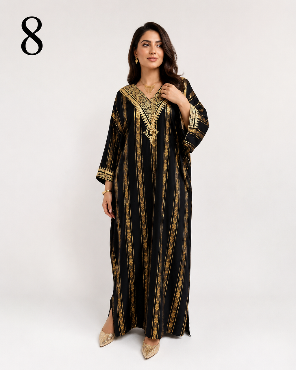 Caftan Marocain Femme en Crêpe Jawhara 100% Soie Imprimée – Broderie Élégante au Col et Manches | Tailles M à XXL