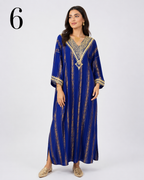 Caftan Marocain Femme en Crêpe Jawhara 100% Soie Imprimée – Broderie Élégante au Col et Manches | Tailles M à XXL