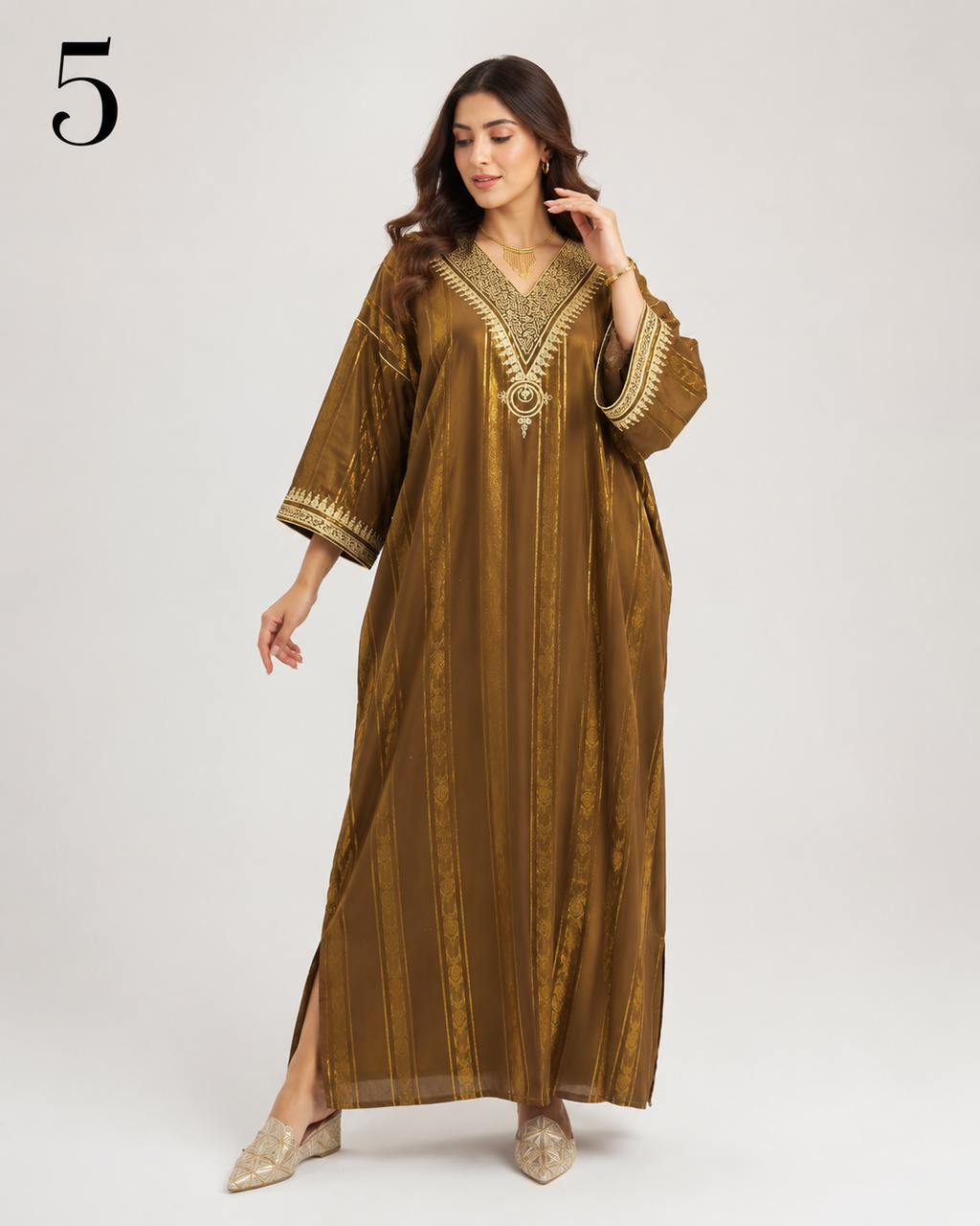 Caftan Marocain Femme en Crêpe Jawhara 100% Soie Imprimée – Broderie Élégante au Col et Manches | Tailles M à XXL
