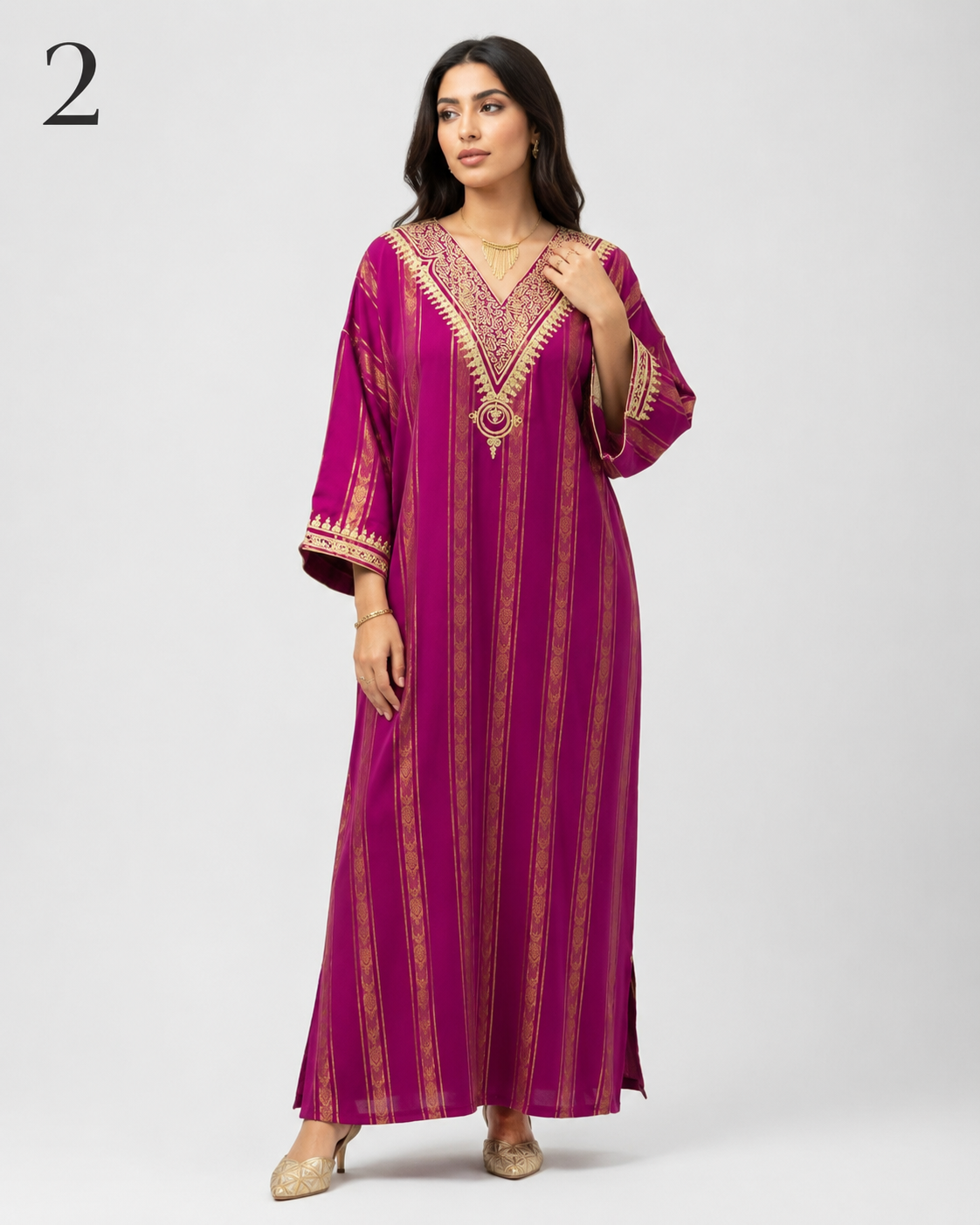 Caftan Marocain Femme en Crêpe Jawhara 100% Soie Imprimée – Broderie Élégante au Col et Manches | Tailles M à XXL