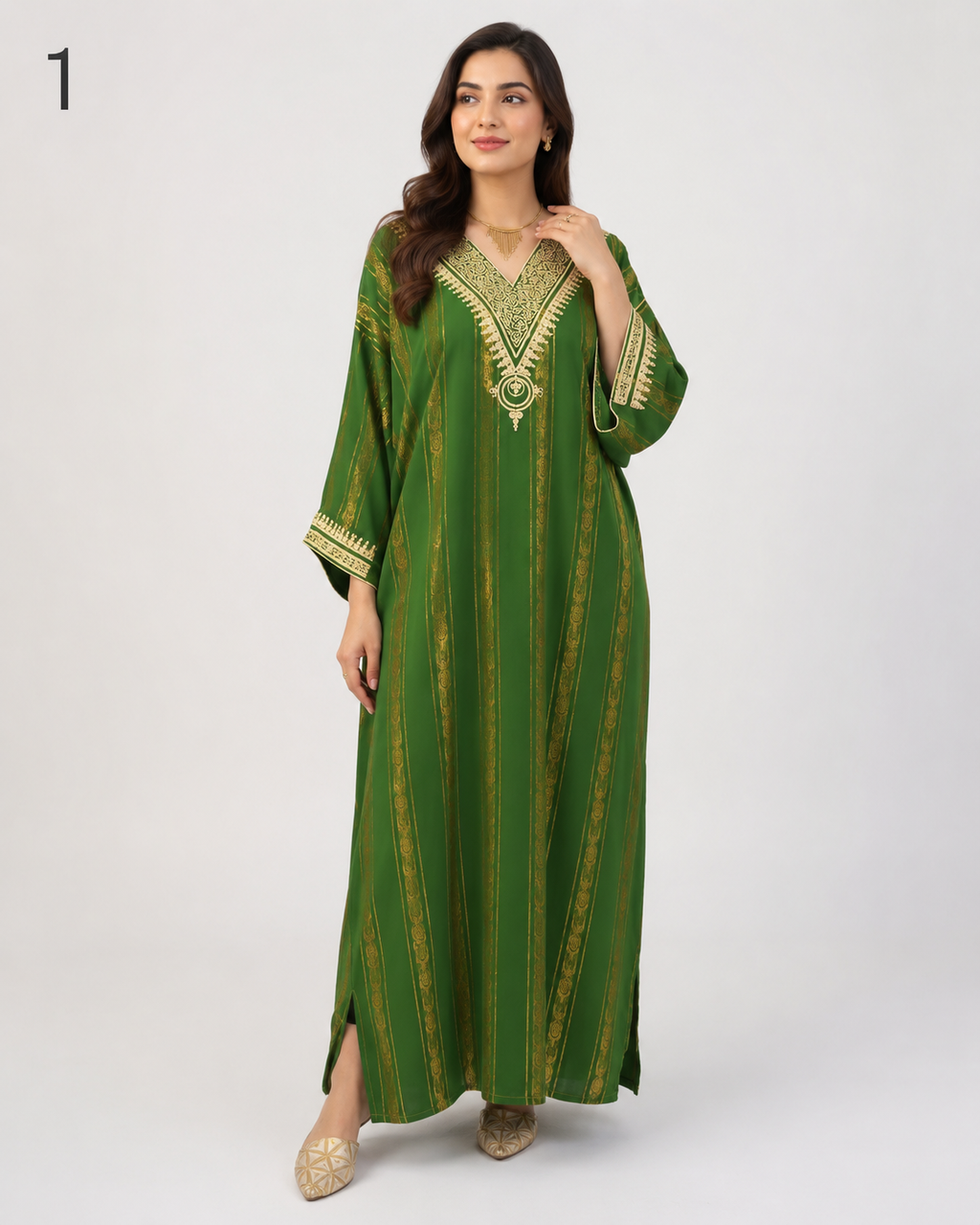 Caftan Marocain Femme en Crêpe Jawhara 100% Soie Imprimée – Broderie Élégante au Col et Manches | Tailles M à XXL