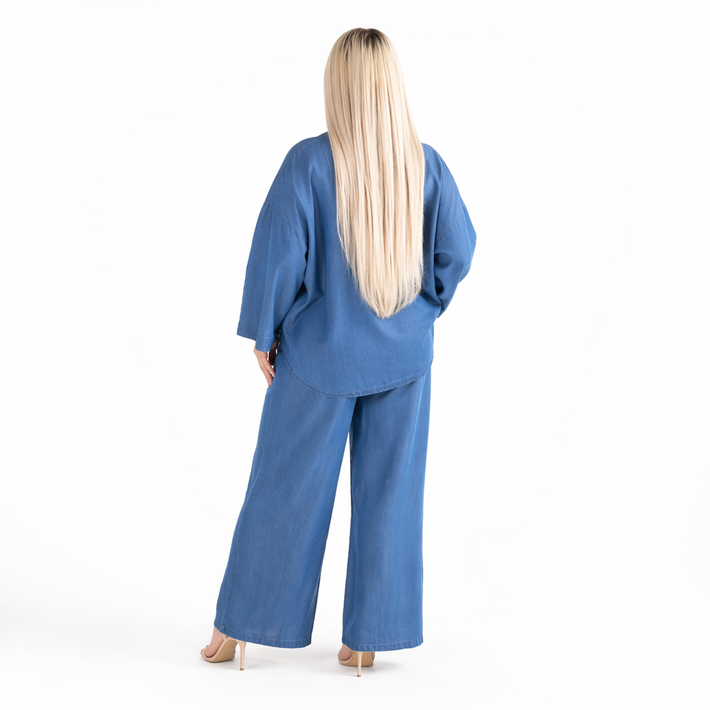 Ensemble Femme Oversize Denim Tencel Premium avec Poches Design – Tenue Moderne Confort & Élégance | اونصومبل نسائي جينز طونسيل واسع بجيوب عصرية جودة عالية
