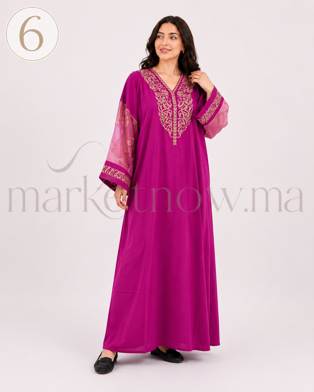 Caftan Marocain Femme en Crêpe Rosa avec Manches Tlija – Broderie Élégante | Tailles XL, XXL, 3XL