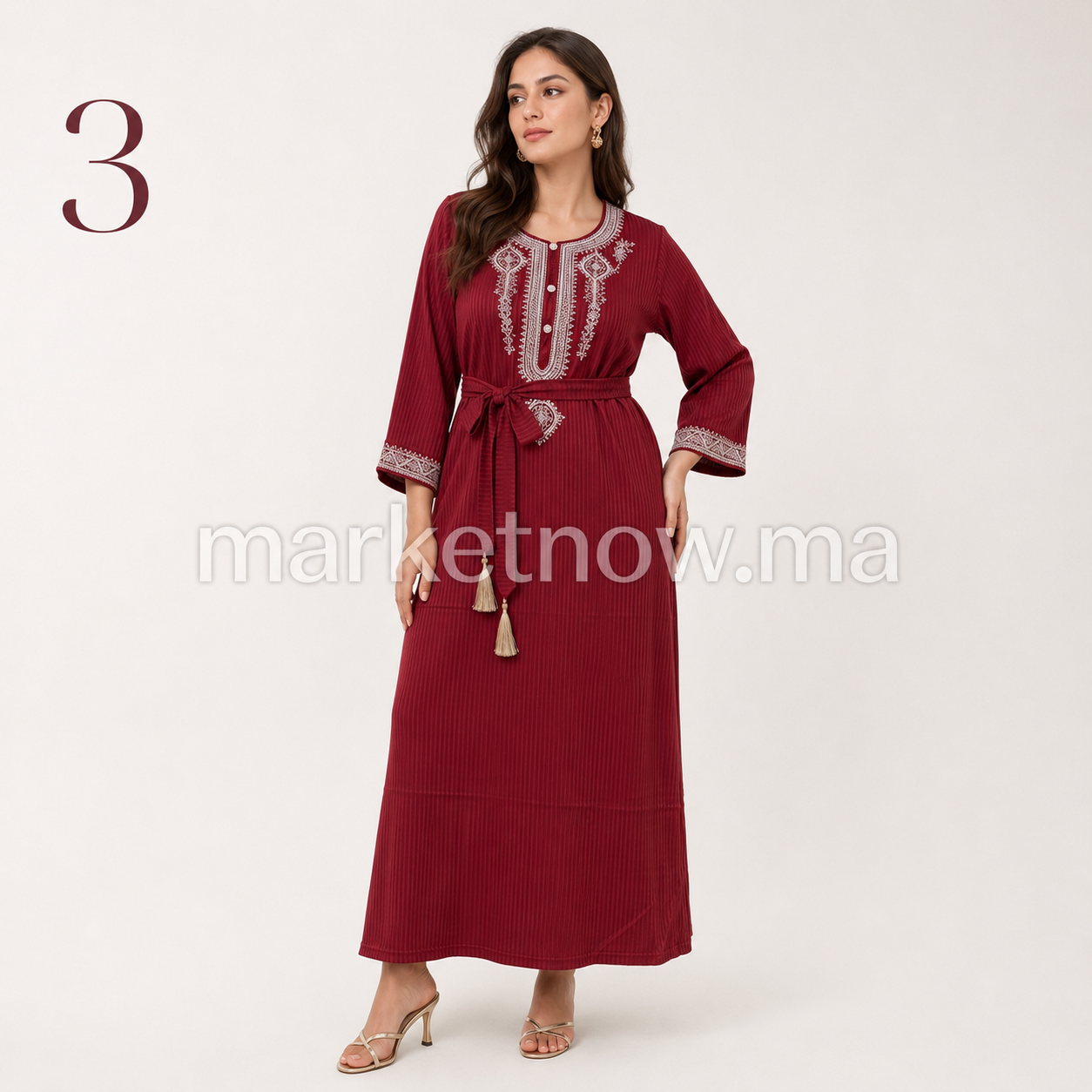 Robe Caftan Femme en Satin Premium avec Broderie et Ceinture – قميص مطروز أنيق | Tailles L, XL, XXL