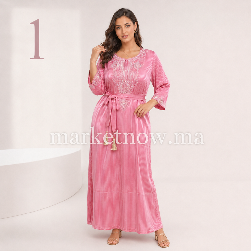 Robe Caftan Femme en Satin Premium avec Broderie et Ceinture – قميص مطروز أنيق | Tailles L, XL, XXL
