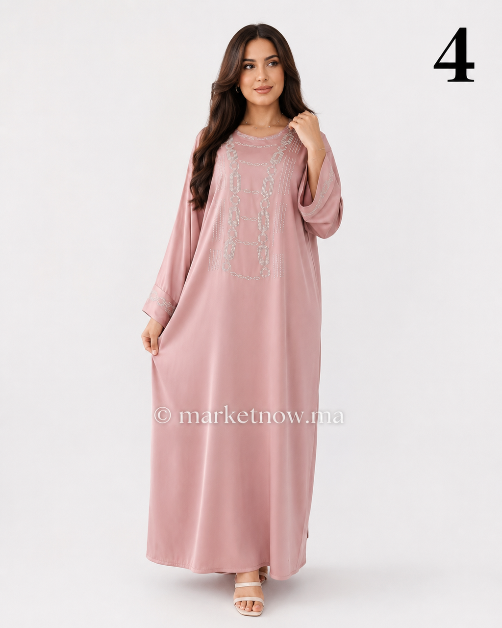 Kandoura Femme Élégante avec Strass et Broderie – Tissu Nawaem Premium | Tailles L, XL, XXL