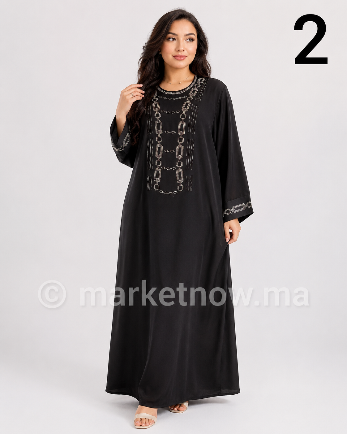 Kandoura Femme Élégante avec Strass et Broderie – Tissu Nawaem Premium | Tailles L, XL, XXL