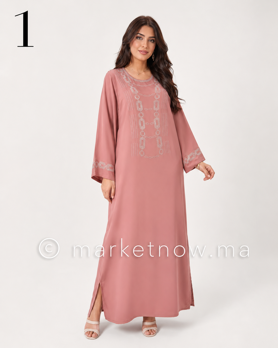 Kandoura Femme Élégante avec Strass et Broderie – Tissu Nawaem Premium | Tailles L, XL, XXL