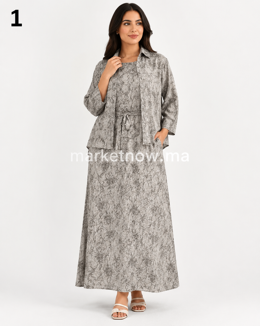 Ensemble femme 2 pièces en tissu froissé – Robe longue avec surchemise