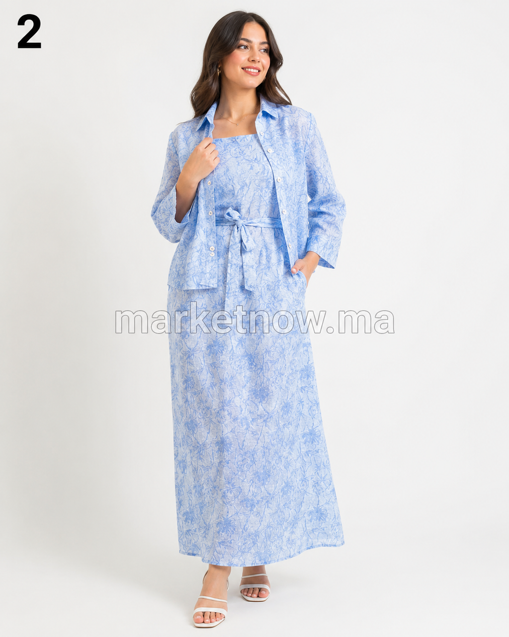 Ensemble femme 2 pièces en tissu froissé – Robe longue avec surchemise
