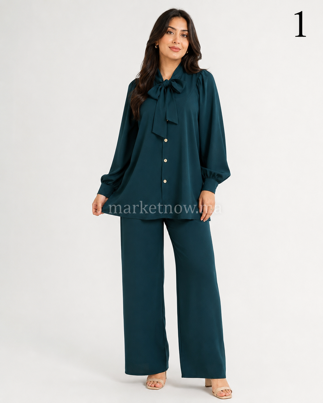 Ensemble femme Top Zoom élégant – Blouse à nœud et pantalon large