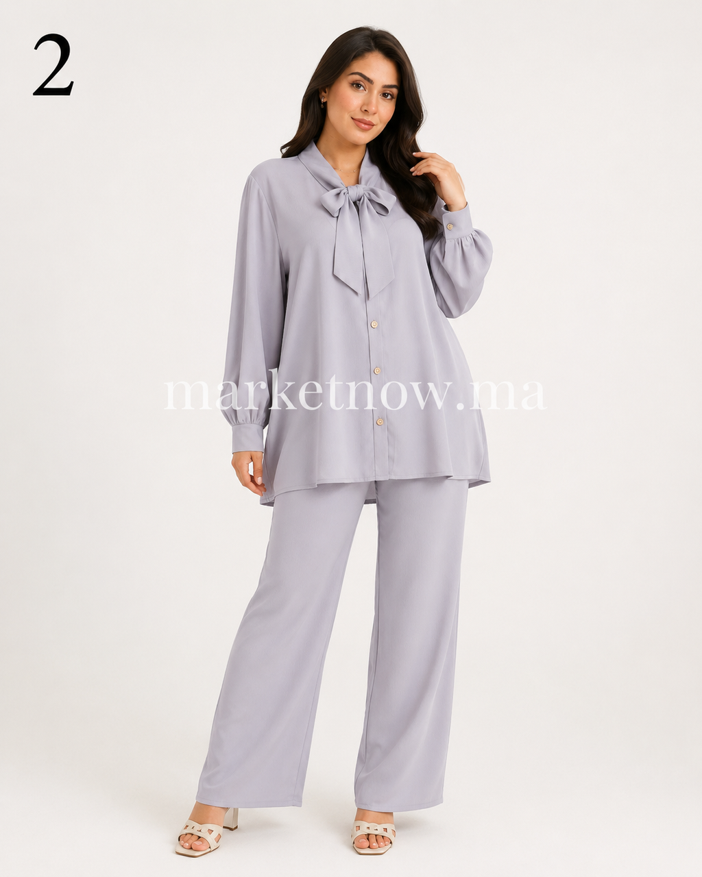 Ensemble femme Top Zoom élégant – Blouse à nœud et pantalon large