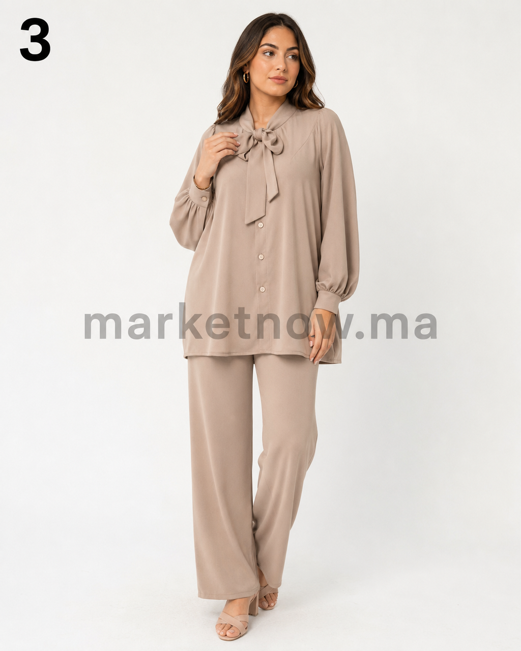 Ensemble femme Top Zoom élégant – Blouse à nœud et pantalon large