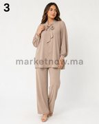 Ensemble femme Top Zoom élégant – Blouse à nœud et pantalon large