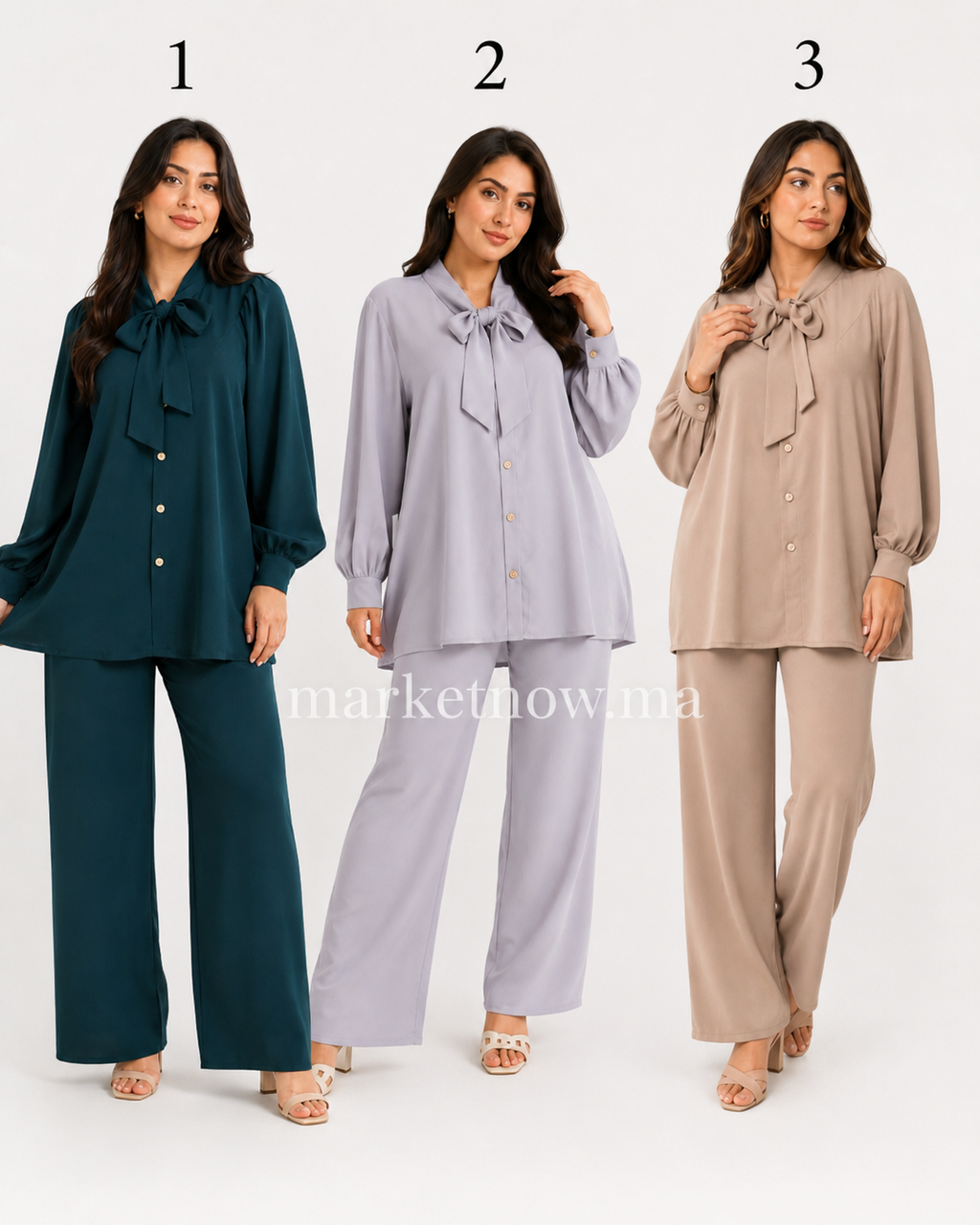 Ensemble femme Top Zoom élégant – Blouse à nœud et pantalon large