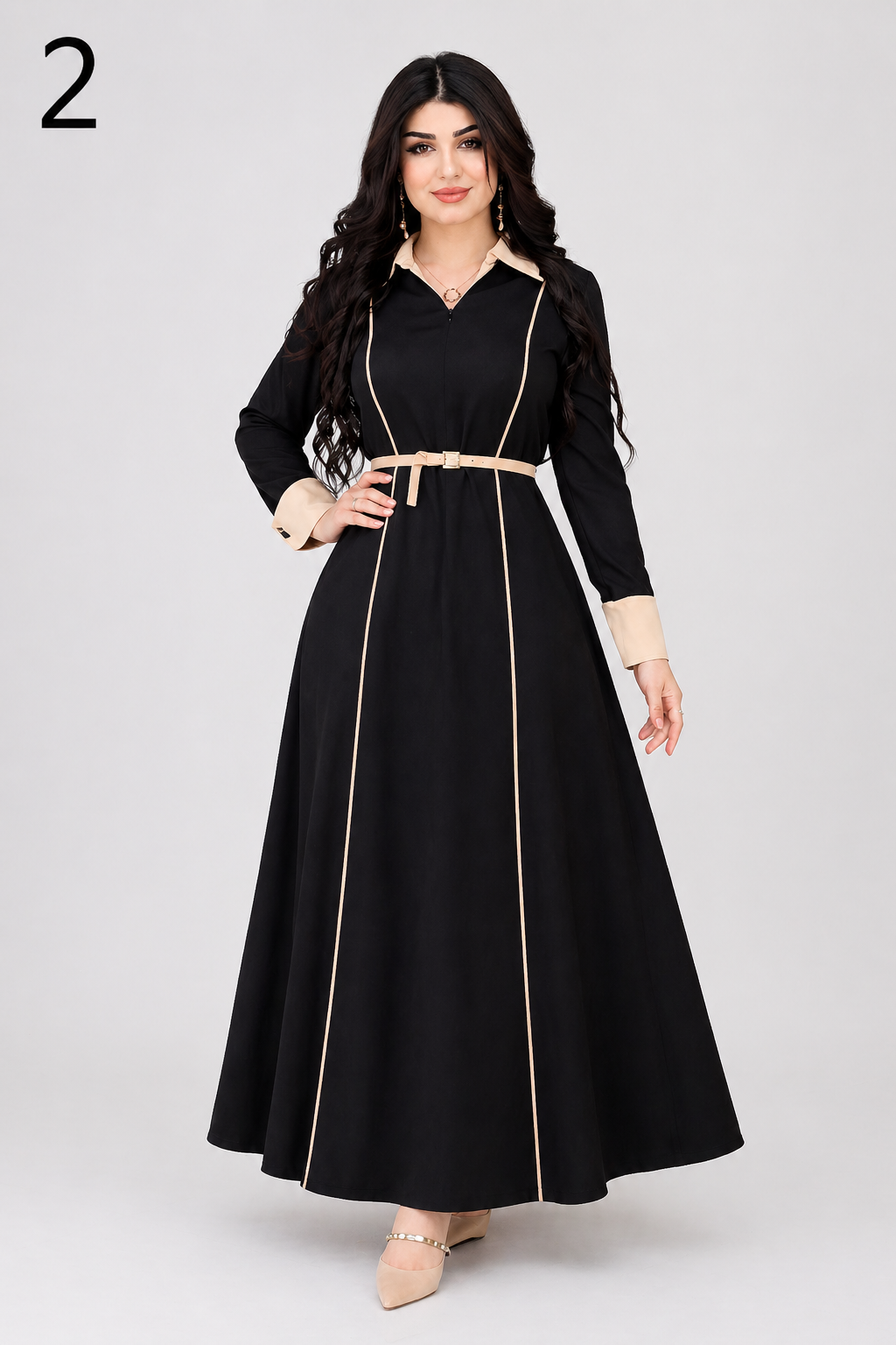 Robe Longue Élégante Noir & Beige avec Ceinture – Modèle 2026 | Robe Femme Chic Maroc | Taille S à 2XL