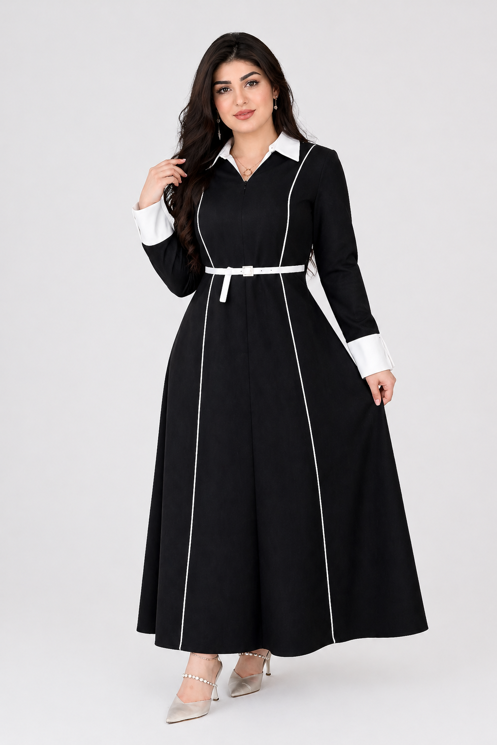 Robe Longue Élégante Noir & Beige avec Ceinture – Modèle 2026 | Robe Femme Chic Maroc | Taille S à 2XL