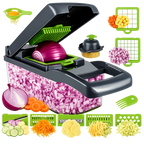 Coupe-légumes Multifonction 16-en-1 avec Boîte de Récupération  Dés – Tranches – Julienne – Ondulé – Râpe – Hachage rapide