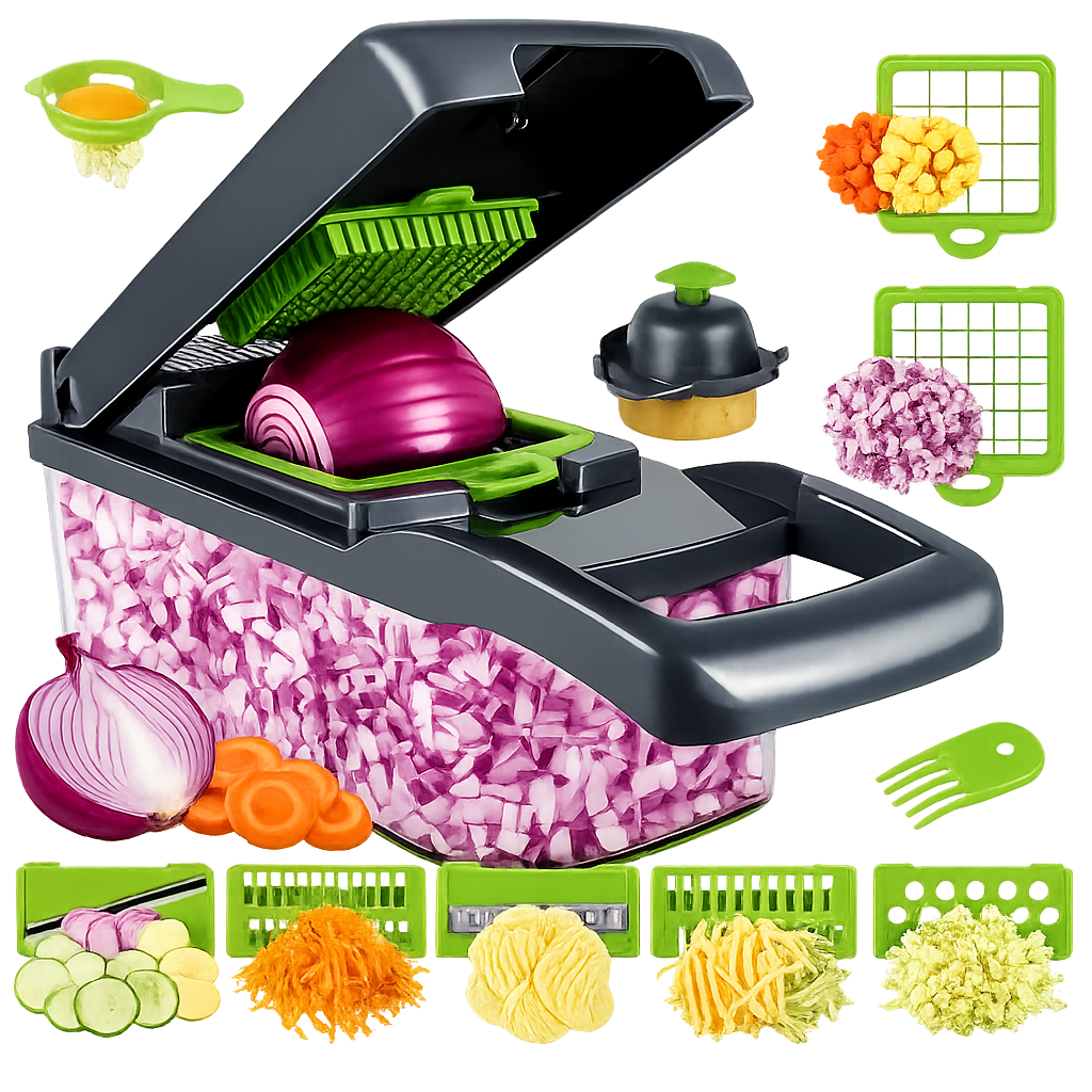Coupe-légumes Multifonction 16-en-1 avec Boîte de Récupération  Dés – Tranches – Julienne – Ondulé – Râpe – Hachage rapide