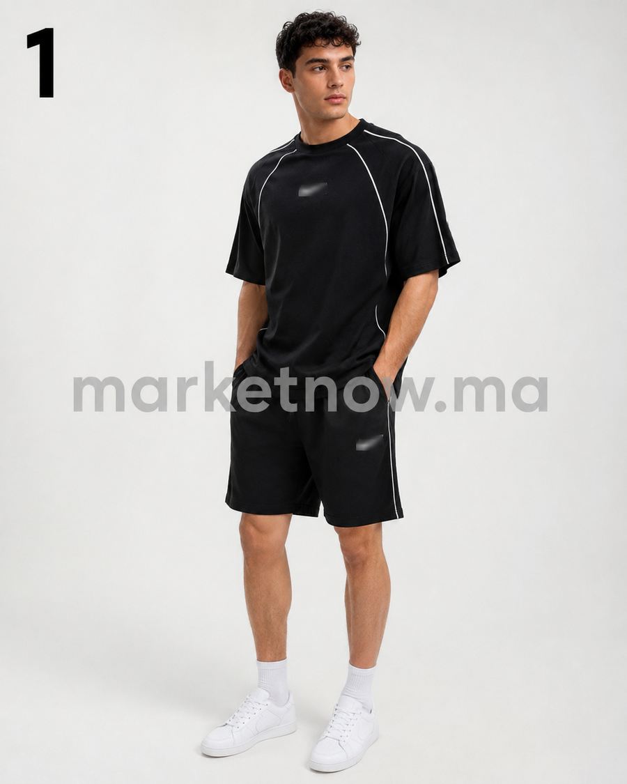 Ensemble Sport Homme Noir – T-shirt & Short avec Liserés Blancs