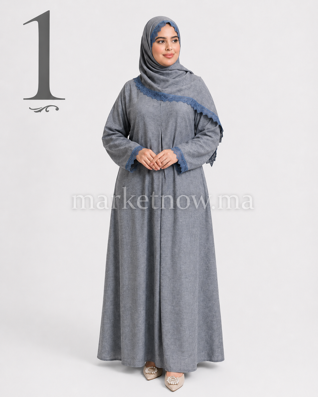 Abaya Femme Simple Élégante avec Châle en Dentelle – Tissu Crêpe Froissé | Tailles XL, XXL, 3XL