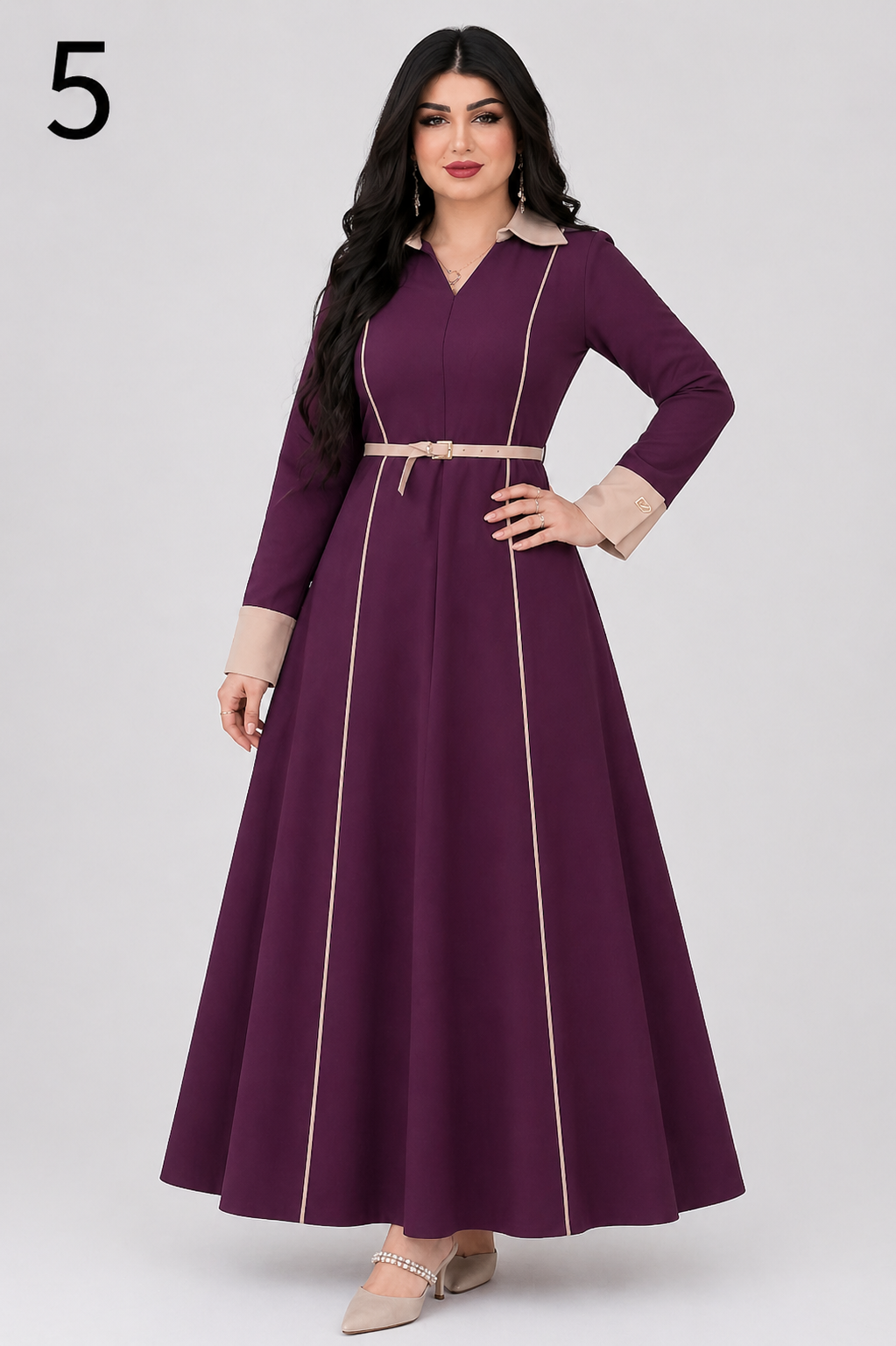 Robe Longue Élégante Noir & Beige avec Ceinture – Modèle 2026 | Robe Femme Chic Maroc | Taille S à 2XL
