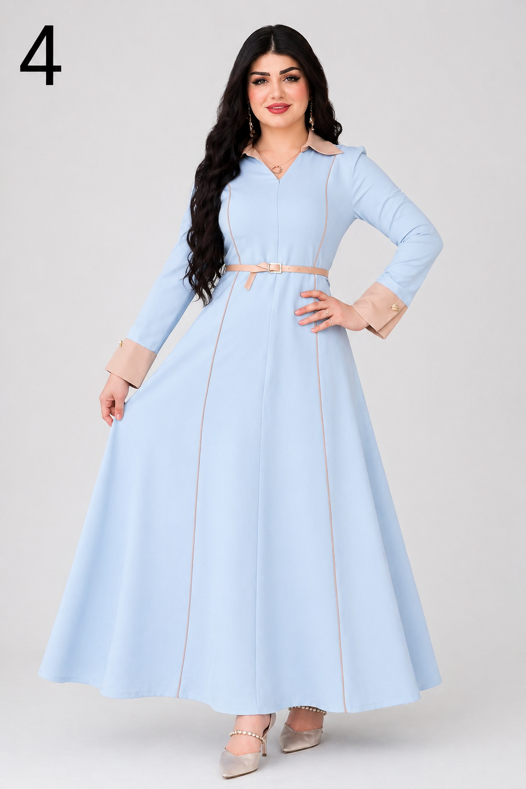 Robe Longue Élégante Noir & Beige avec Ceinture – Modèle 2026 | Robe Femme Chic Maroc | Taille S à 2XL