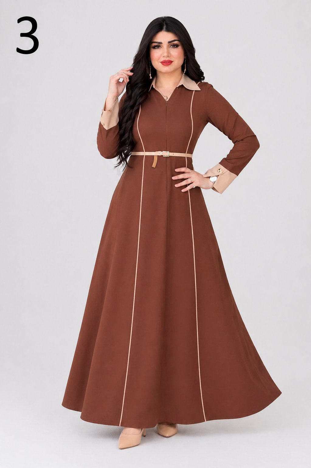 Robe Longue Élégante Noir & Beige avec Ceinture – Modèle 2026 | Robe Femme Chic Maroc | Taille S à 2XL