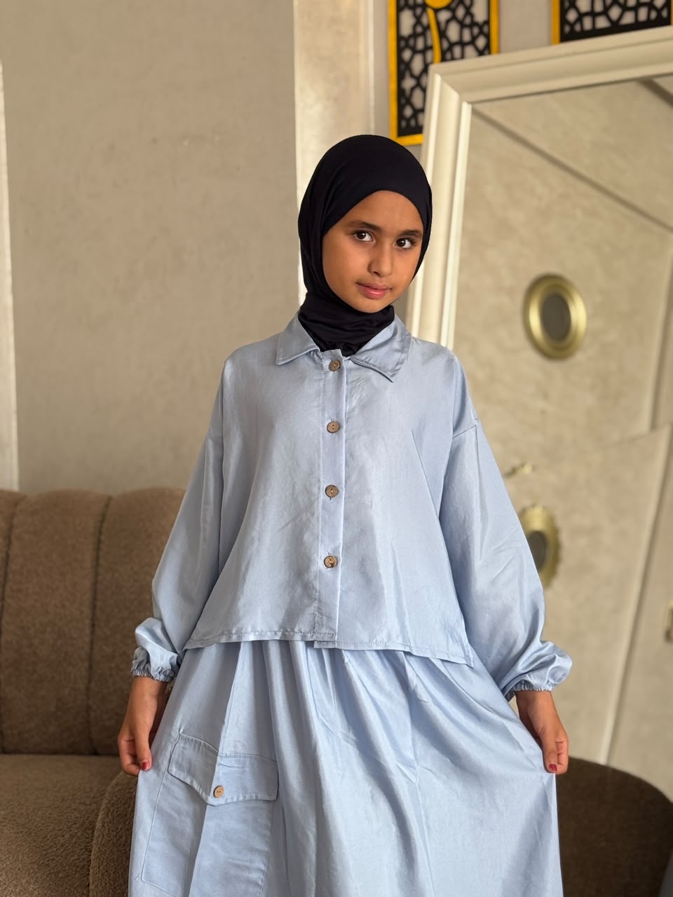Ensemble fille à chemise ample et jupe longue à poches — Bleu ciel