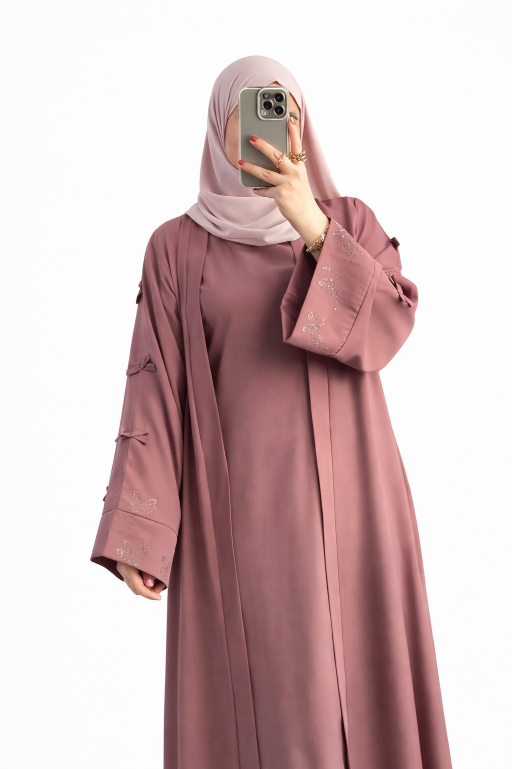 Abaya 2 Pièces Premium Crêpe Rosa – Robe Modeste Élégante Femme | Qualité Supérieure Maroc