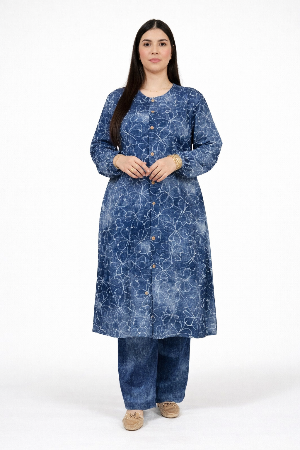 Ensemble Femme Élégant 2 Pièces – Tunique Longue Motif Floral & Pantalon – Tenue Moderne Chic Confortable Maroc