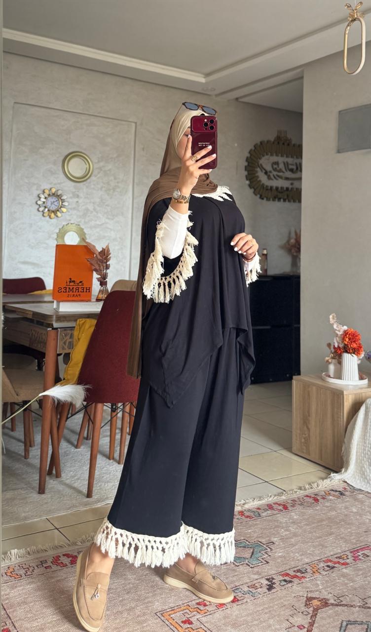 Ensemble femme en jersey à dentelle et pantalon large — Noir