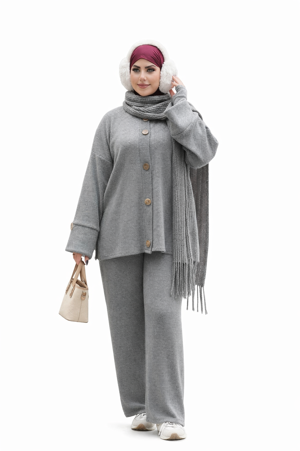 Ensemble Femme 3 Pièces en Tissu Laine Léger – Tenue Hiver Chic avec Gants | Qualité Premium