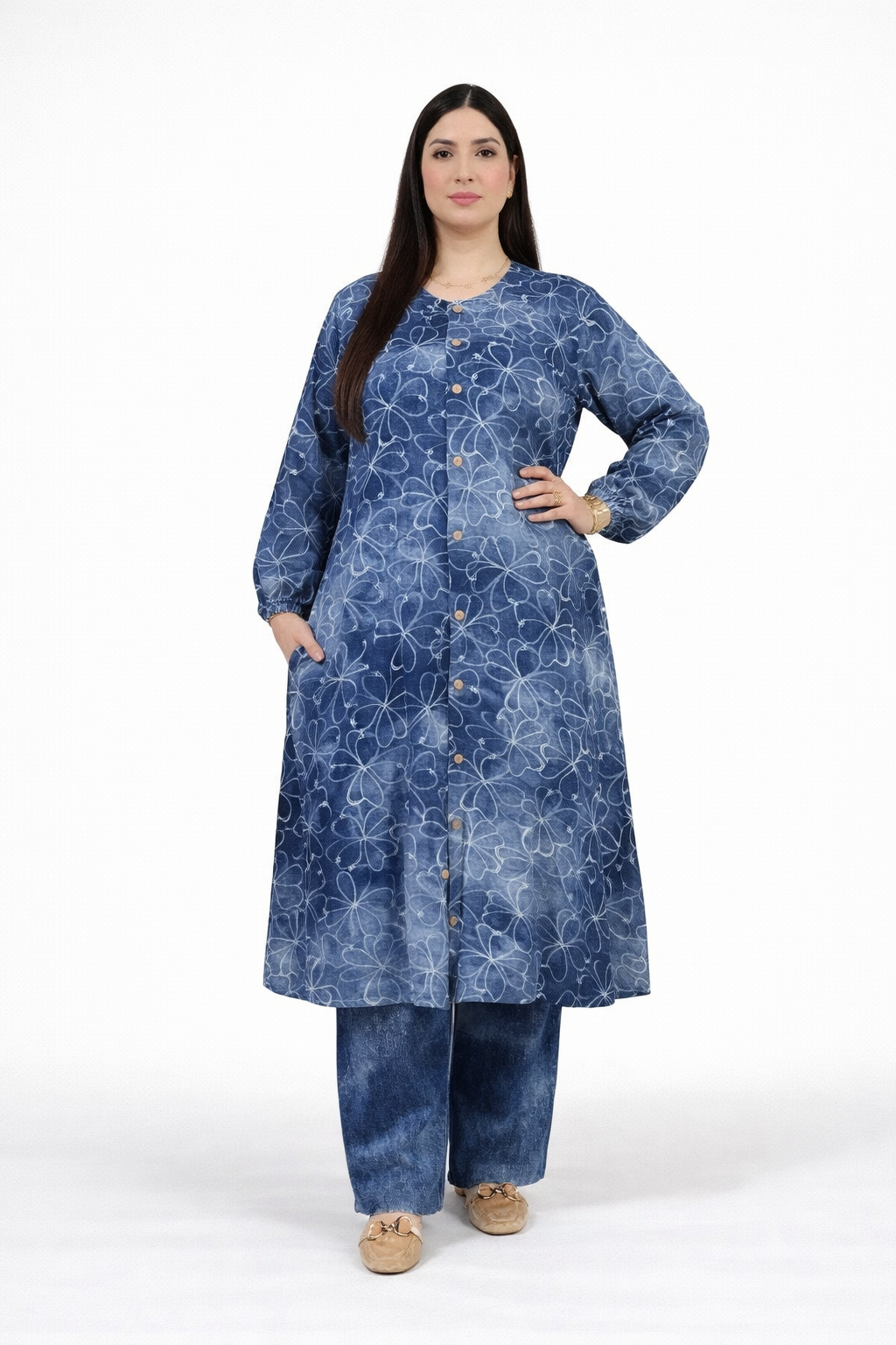 Ensemble Femme Élégant 2 Pièces – Tunique Longue Motif Floral & Pantalon – Tenue Moderne Chic Confortable Maroc