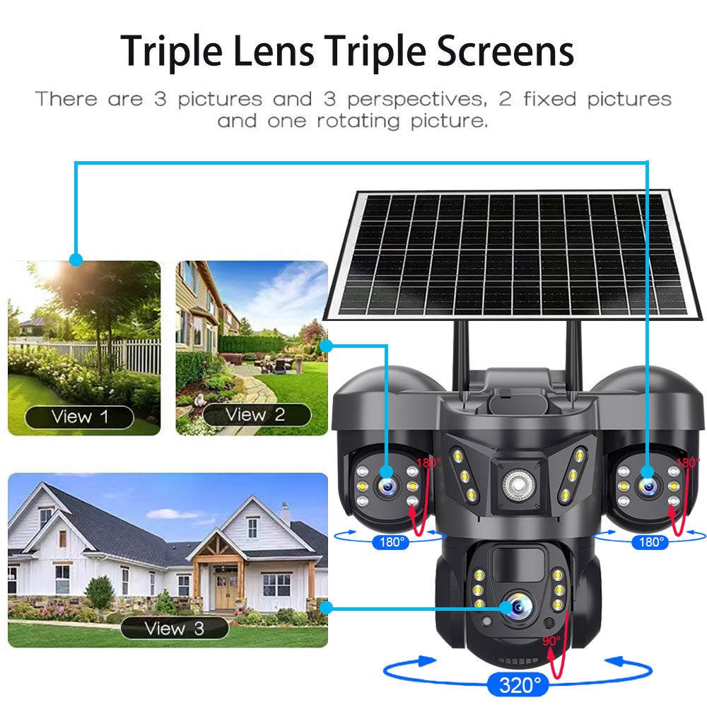 Caméra de Surveillance Extérieure 4G Triple Objectif PTZ | Vision Nocturne Couleur, Détection PIR, Audio Bidirectionnel, Rotation 360° | Sécurité Maison Intelligente Sans Fil