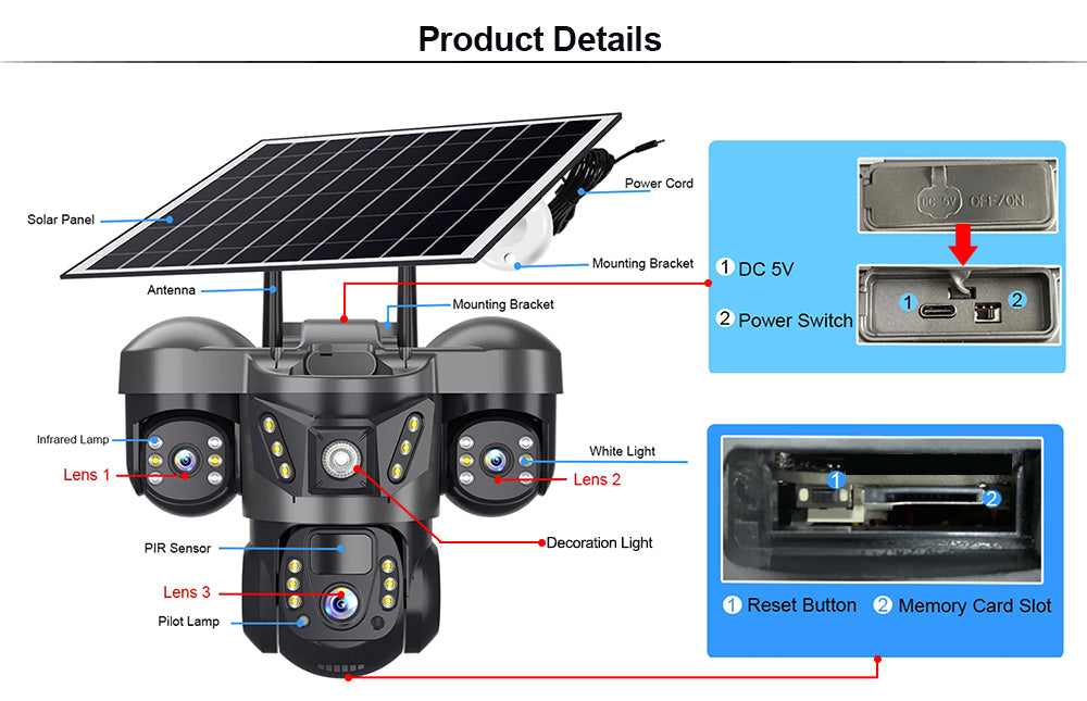 Caméra de Surveillance Extérieure 4G Triple Objectif PTZ | Vision Nocturne Couleur, Détection PIR, Audio Bidirectionnel, Rotation 360° | Sécurité Maison Intelligente Sans Fil
